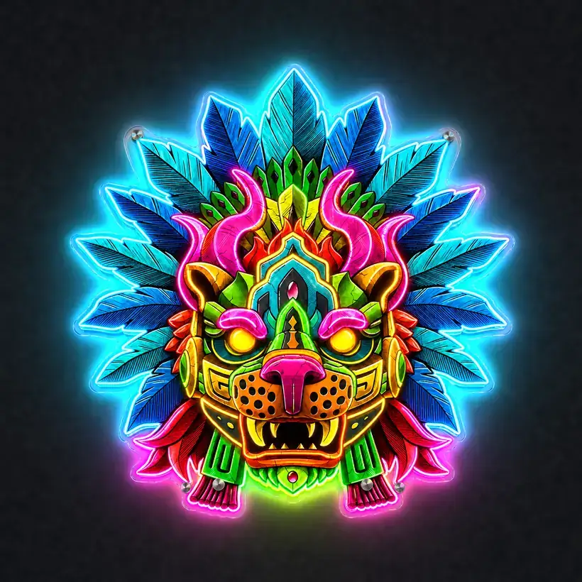 Aztec Dragon Mask LED wall art, lit