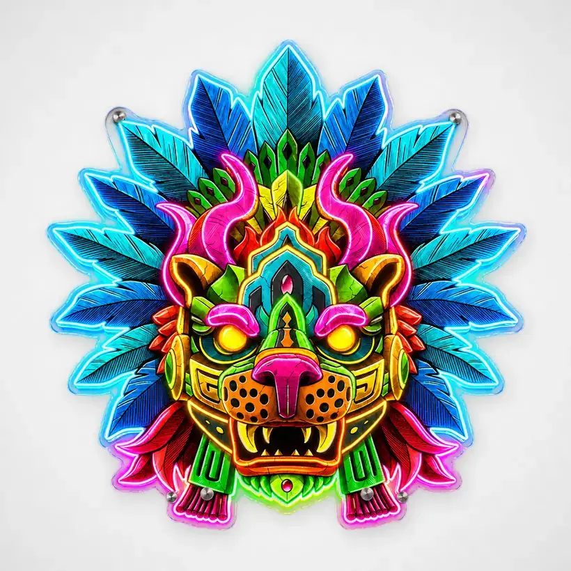 Aztec Dragon Mask LED wall art, unlit