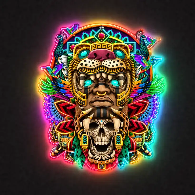 Aztec Skull LED wall art, lit