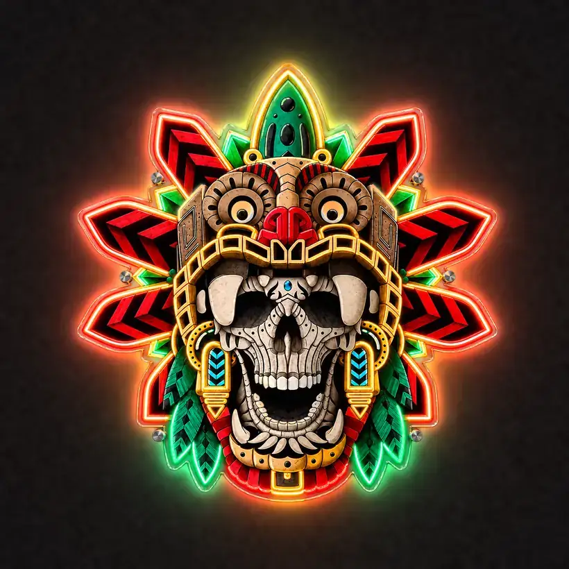 Aztec Skull Mandala LED wall art, lit