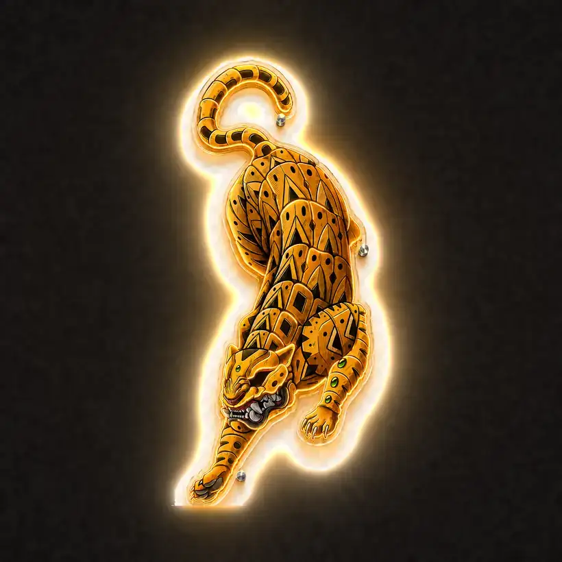 Gold Jaguar LED wall art, lit
