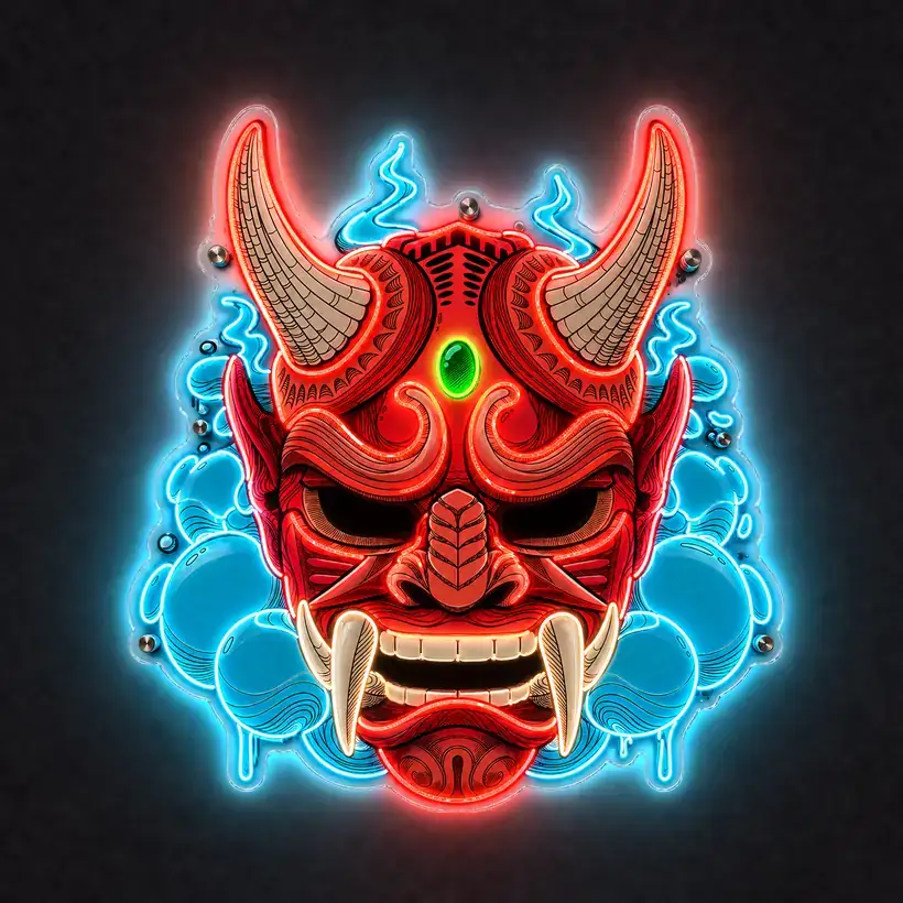 Hannya Mask LED wall art, lit
