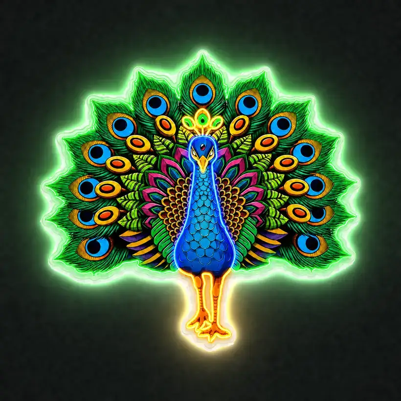Peacock LED wall art, lit