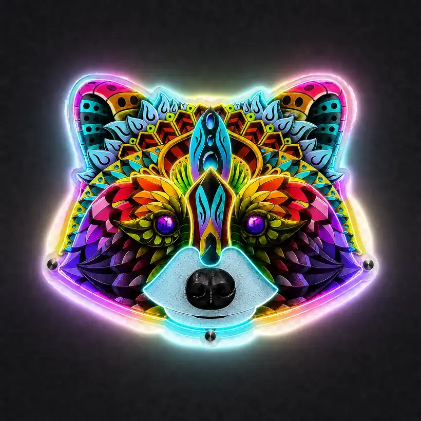 Raccoon LED wall art, lit
