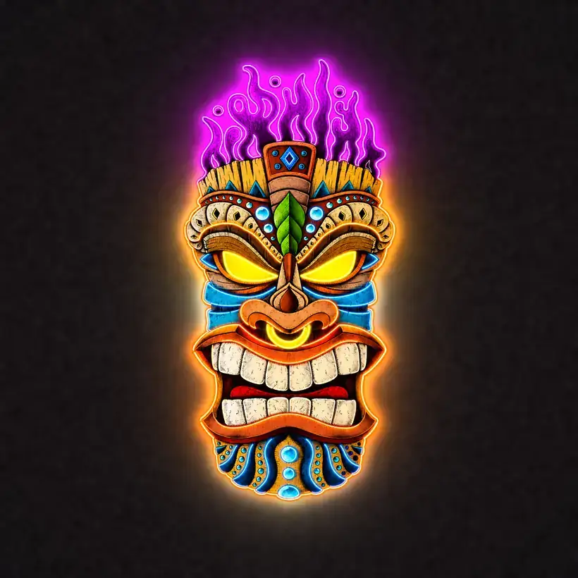 Tiki artwork with LED lights on