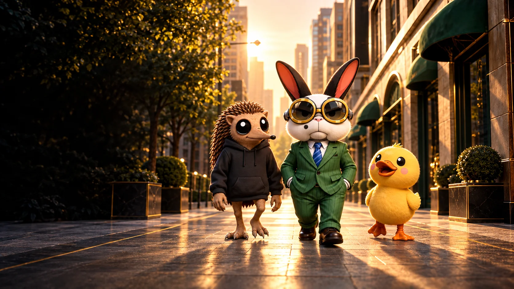 Spaz and friends on a golden city street