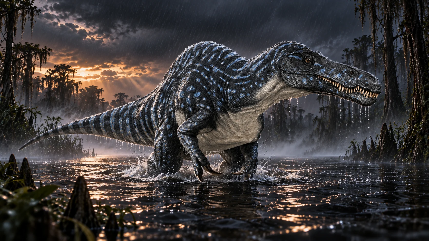 A Suchomimus standing in a dark river