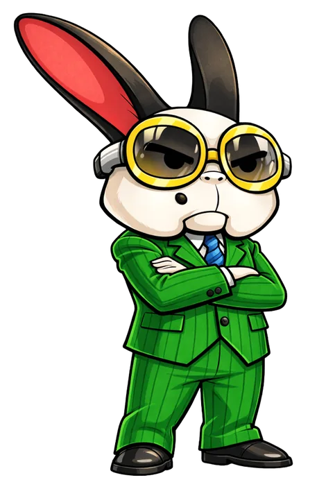 Spaz in her green pinstripe suit and gold goggles